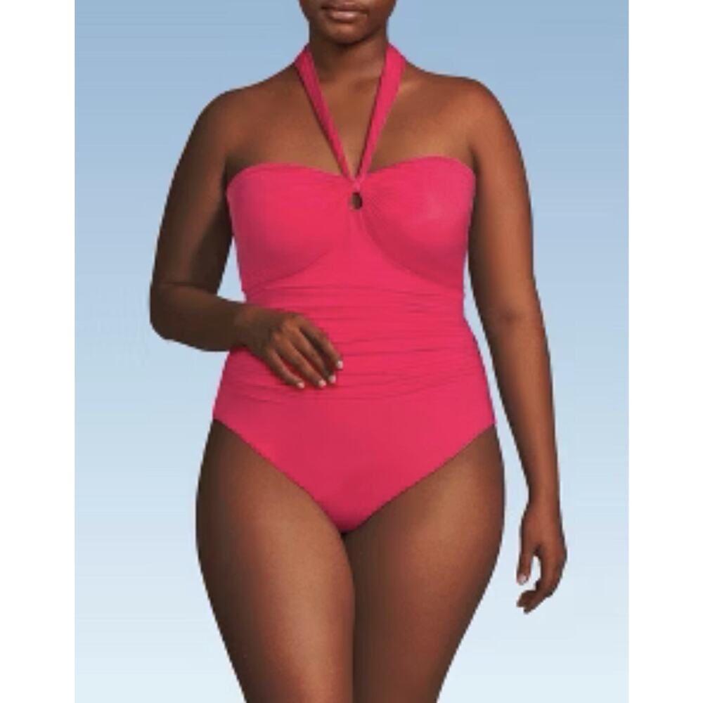 Lands' End Women's Size 14 SlenderSuit Multi-Way Bandeau One Piece Swimsuit pink